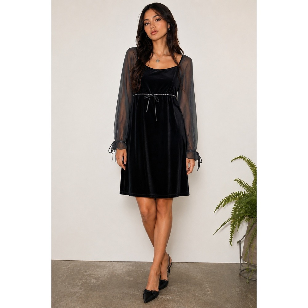 Vintage Navy Blue Velvet Midi Dress Size 8 Sheer Sleeve Y2K Goth